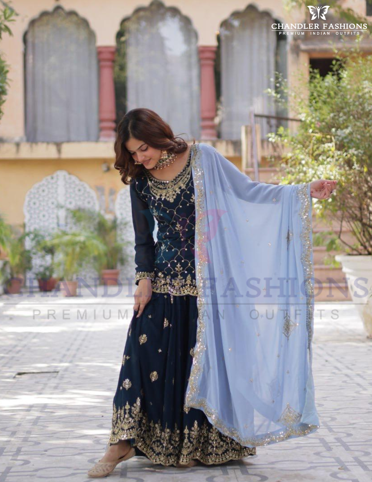 Pretty Teal Blue Color Faux Blooming Fabric With Embroidery And Sequins Work With Palazzo Suits