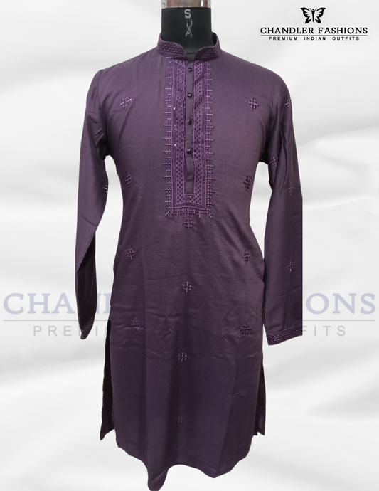 Attractive Purple Color Cotton Embroidery Kurta With Pajama Suits For Men