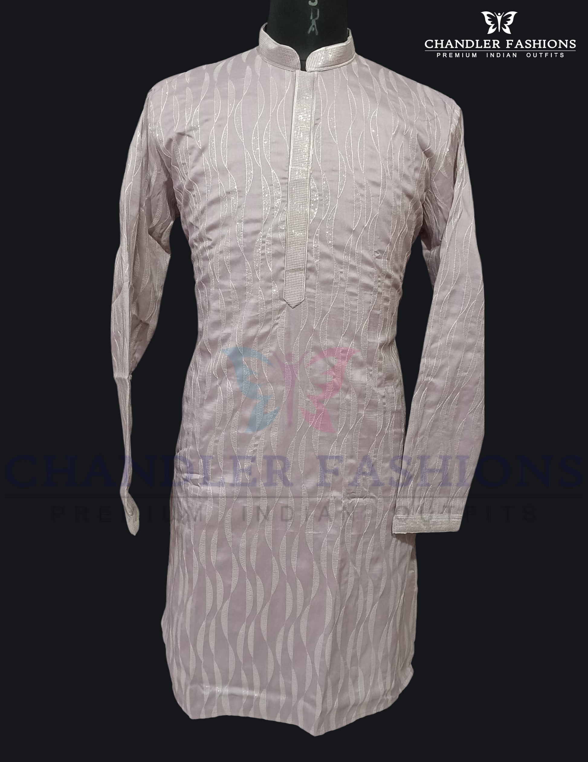 Charming Light Purple Color Lace And Thread Work Kurta With Pajama For Men