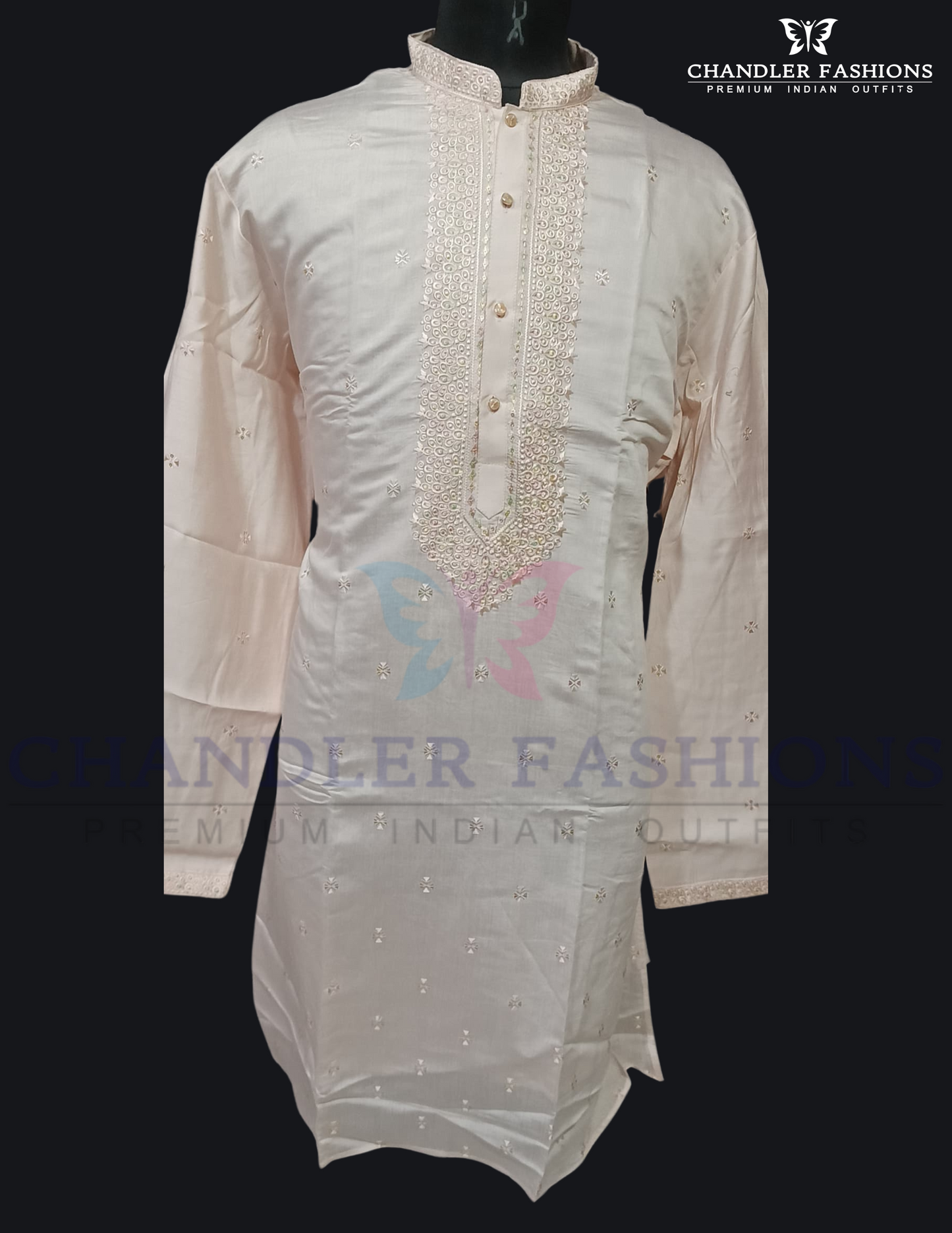 Wonderful Peach Color Sequins Work Silk Kurta With Pajama For Men