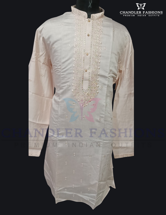Wonderful Peach Color Sequins Work Silk Kurta With Pajama For Men