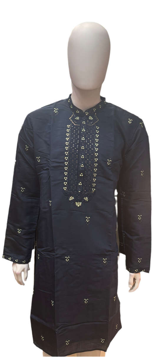 Beautiful Navy Blue Color Cotton With Embroidery Work Kurta Suits For Men