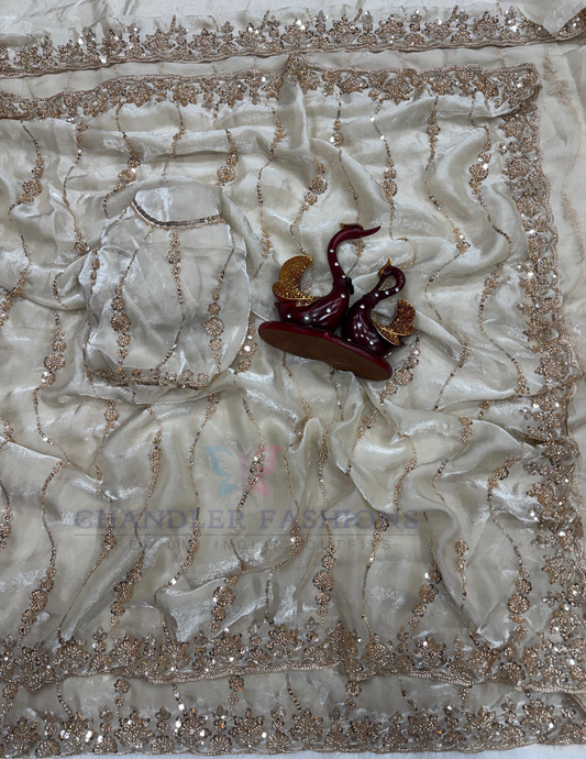 Gorgeous Cream Color Embroidery And Sequins With Beads Work Space Silk Saree