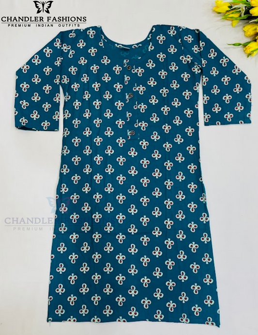 Pretty Teal Blue Color Rayon With Printed Work Kurti For Girls