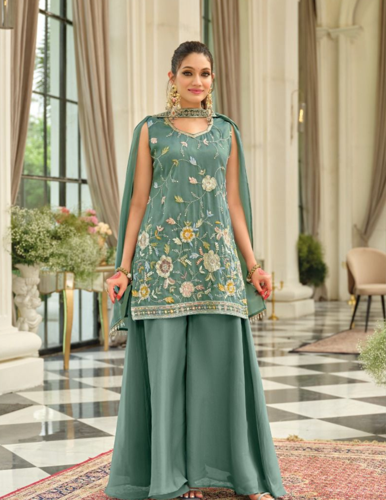 Alluring Pale Green Color Shimmer Silk With Embroidery Work Palazzo Suits For Women