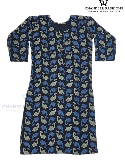 Alluring Navy Blue Color Leaf Design Rayon With Printed Work Kurti For Girls