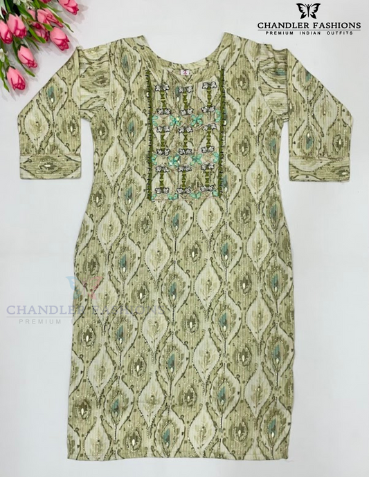 Attractive Cream and Light Green Color Poly Cotton With Thread And Mirror Work Kurti For Girls