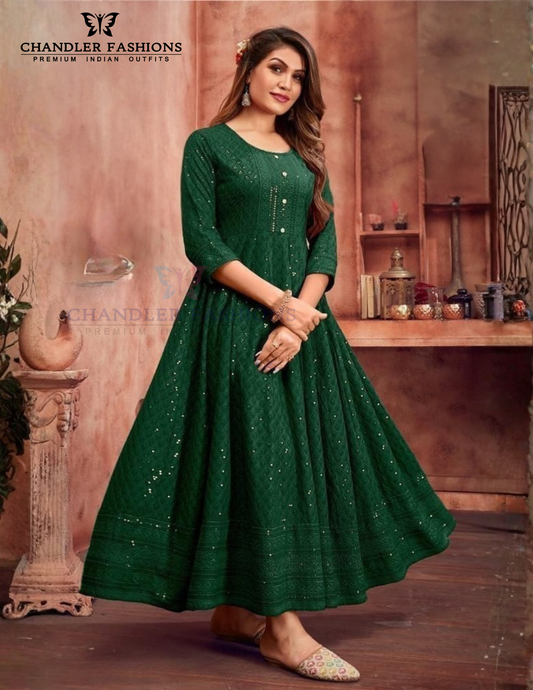 Attractive Bottle Green Color Anarkali Gown For Women