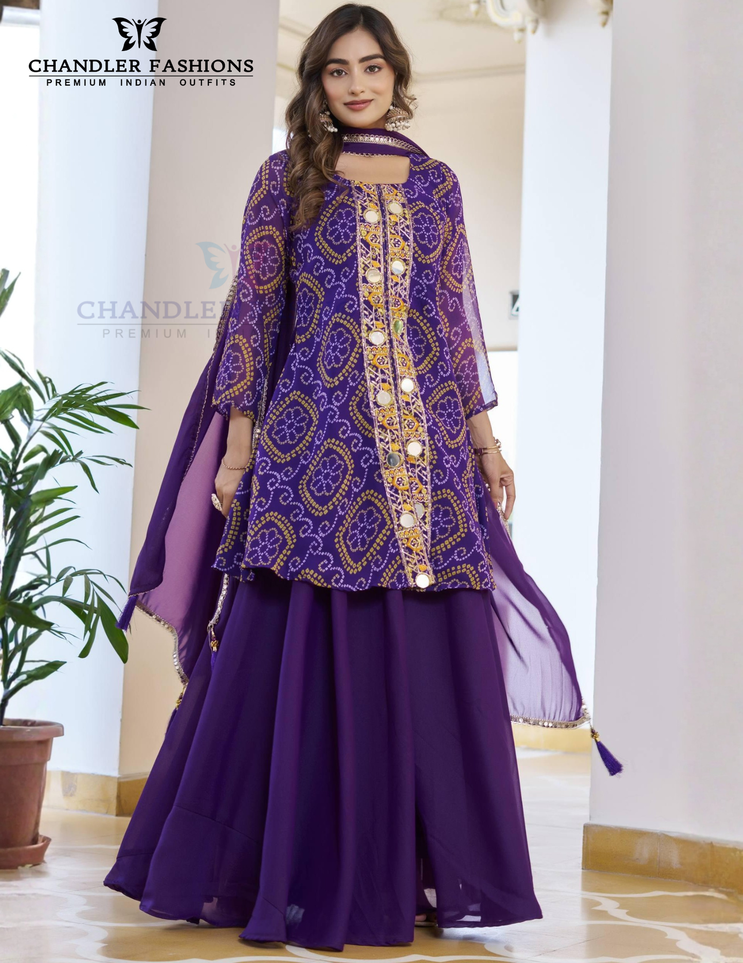Purple Color Georgette With Bandhej Print Palazzo Suits Near Me