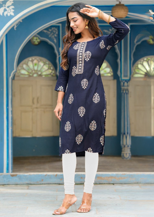 Charming Dark Blue Colored Rayon Gold print Kurti With Fancy Embroidery Work