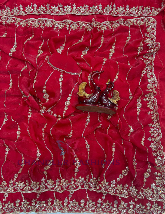 Beautiful Red Color Space Silk Embroidery And Sequins With Beads Work Saree