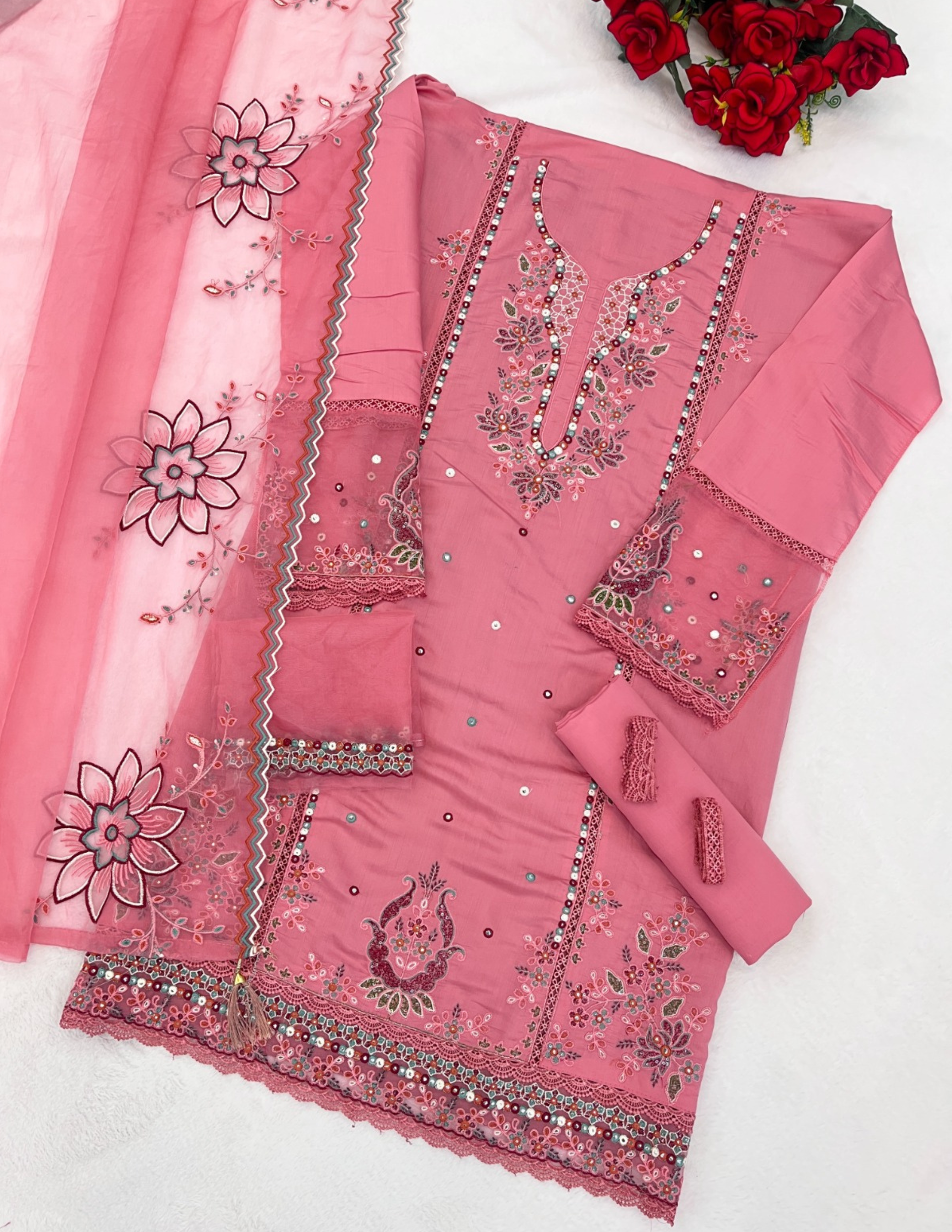 Attractive Pink Color Heavy Cotton With Embroidered Sequins Work Salwar Suits In USA