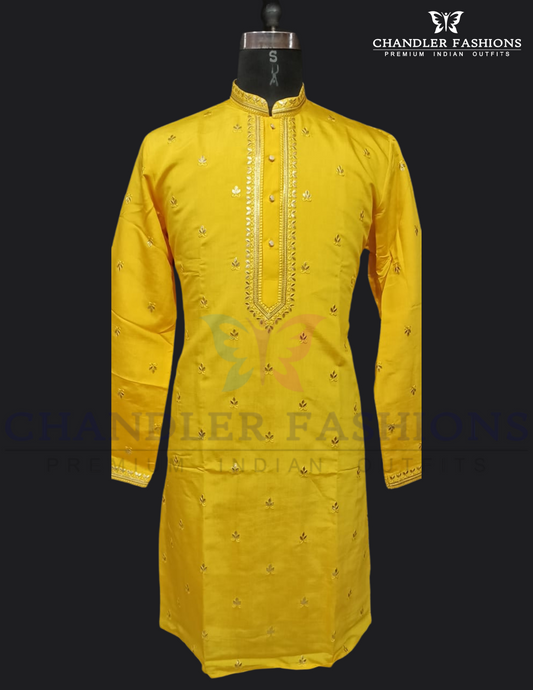 Charming Yellow Color Embroidery Kurta With Pajama Pants For Men