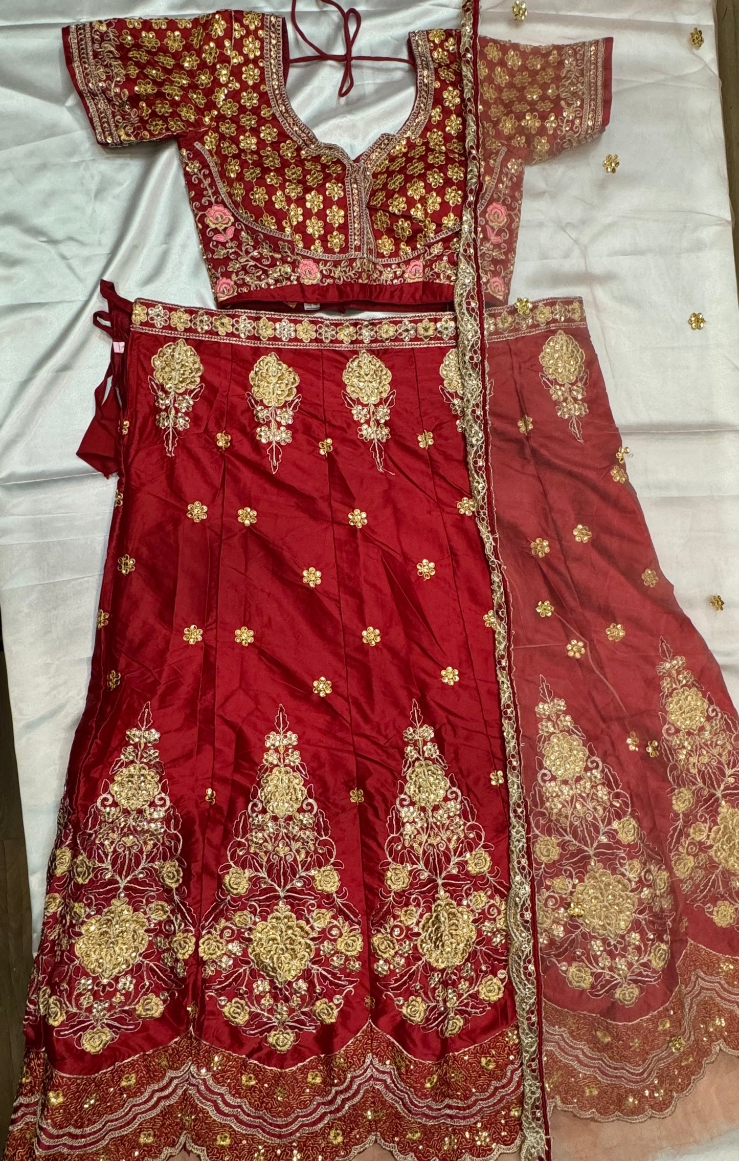 Elegant Maroon Color Malay Satin Silk Multi Needle Embroidery Work Lehenga Choli