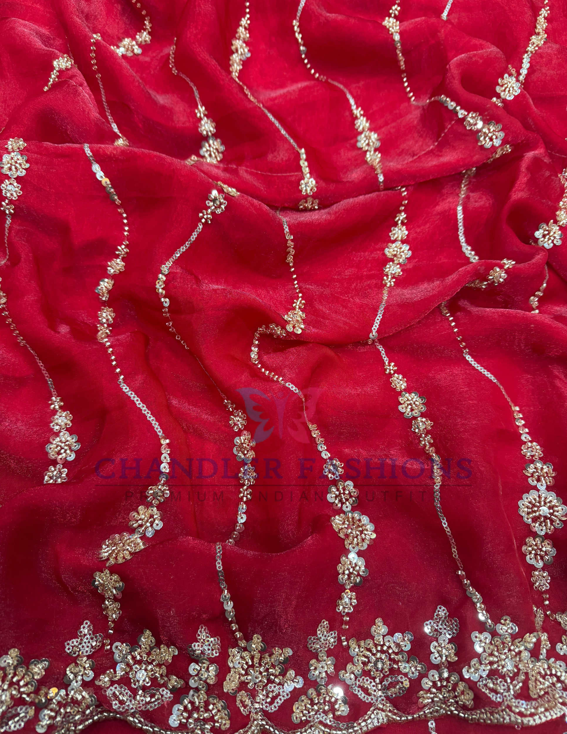 Beautiful Red Color Space Silk Embroidery And Sequins With Beads Work Saree Near Me