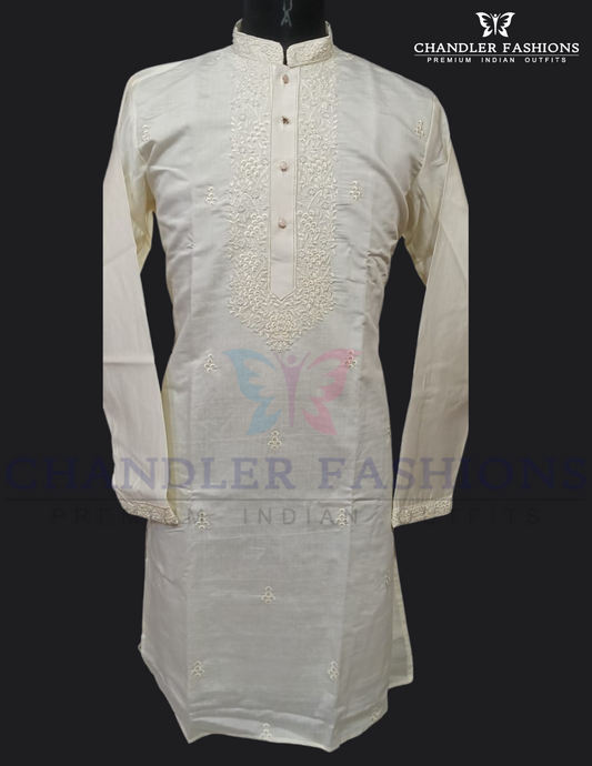 Beautiful Ivory Color Linning Work With Silk Kurta With Pajama For Men