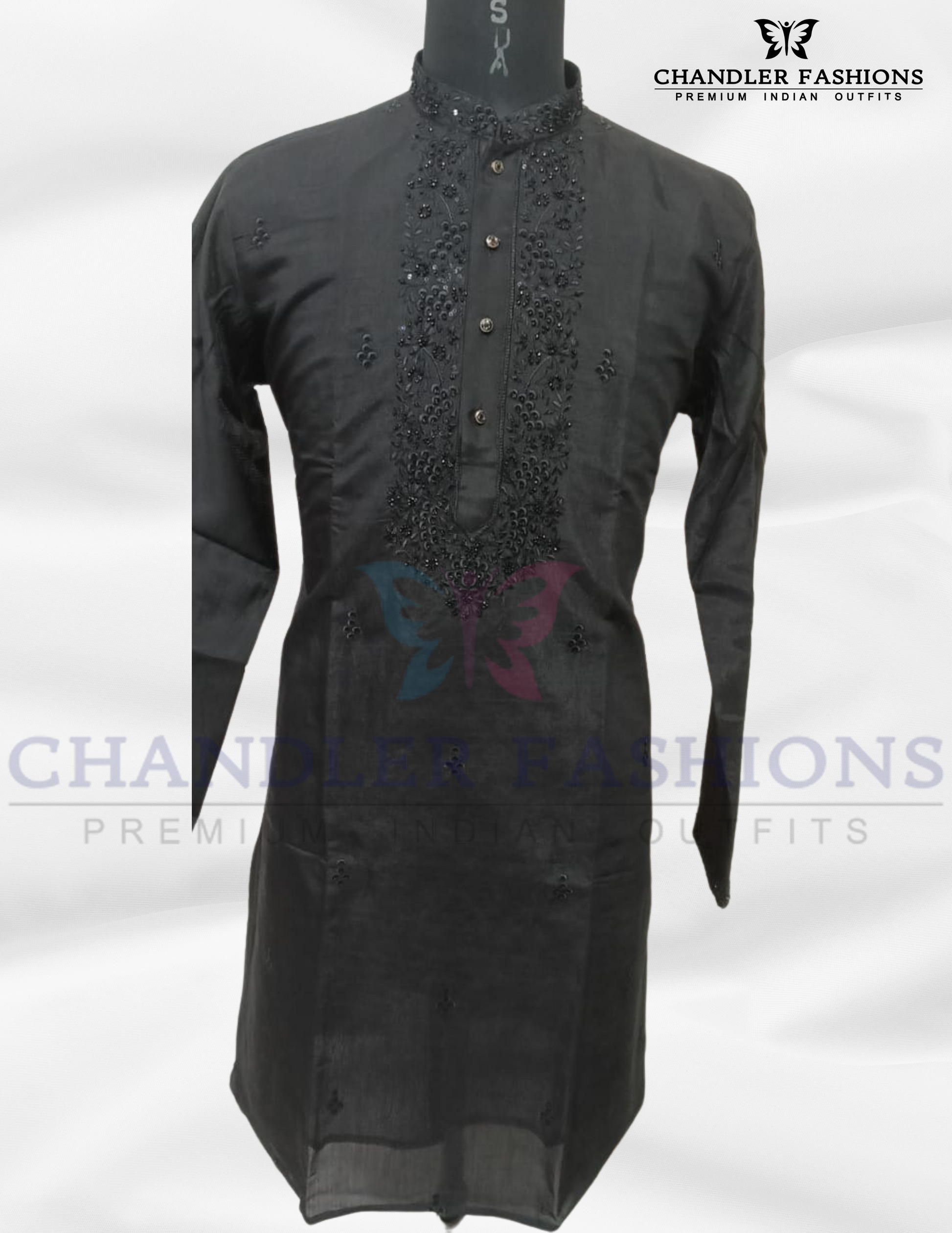 Attractive Black Color Silk Embroidery Kurta With Pajama Suits For Men