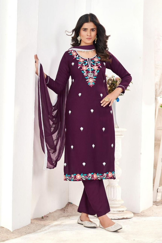 Attractive Purple Colored Embroidery Work Salwar Suits With Dupatta For Women