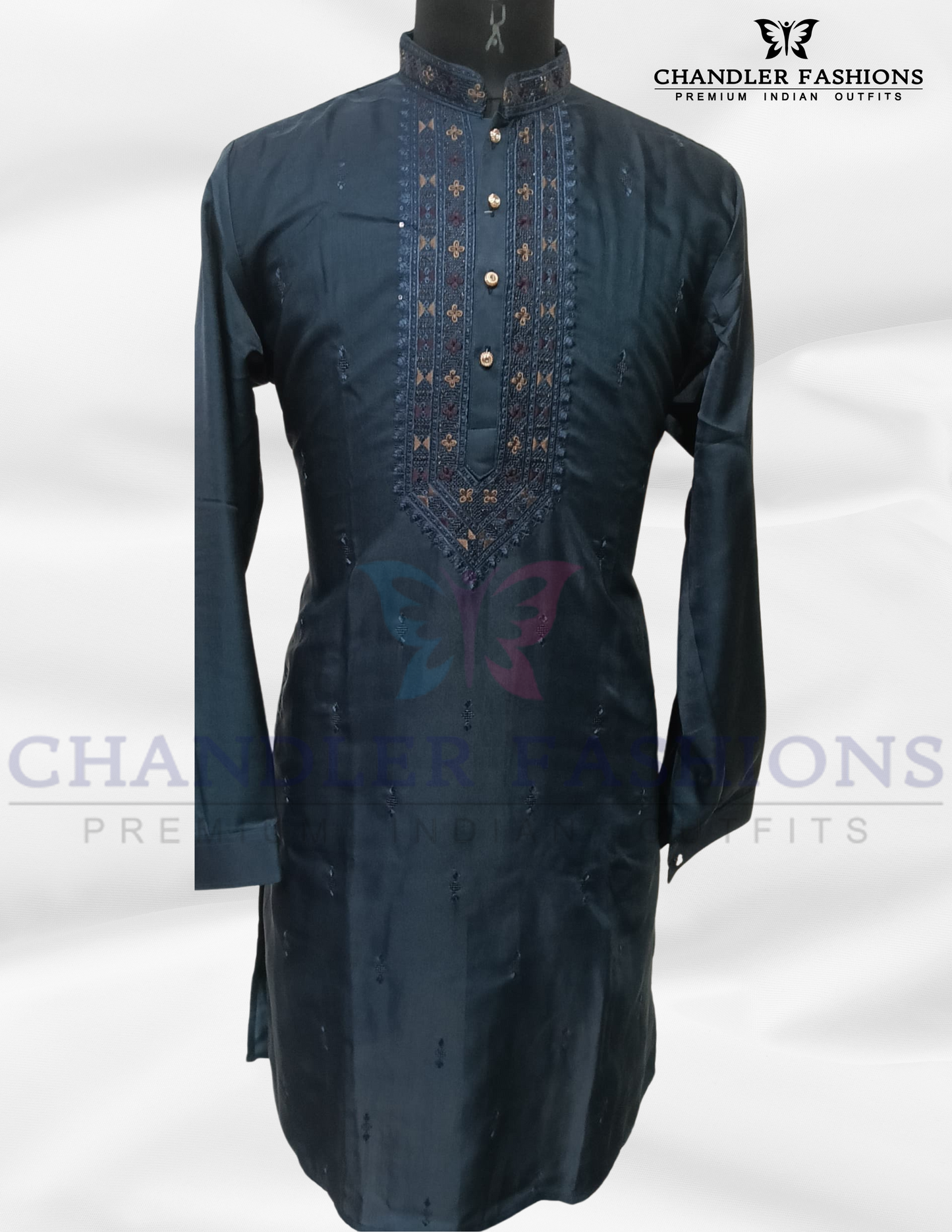 Attractive Dark Blue Color Satin Silk Kurta With Pajama For Men