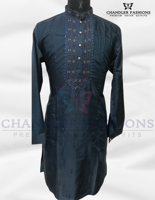 Attractive Dark Blue Color Satin Silk Kurta With Pajama For Men