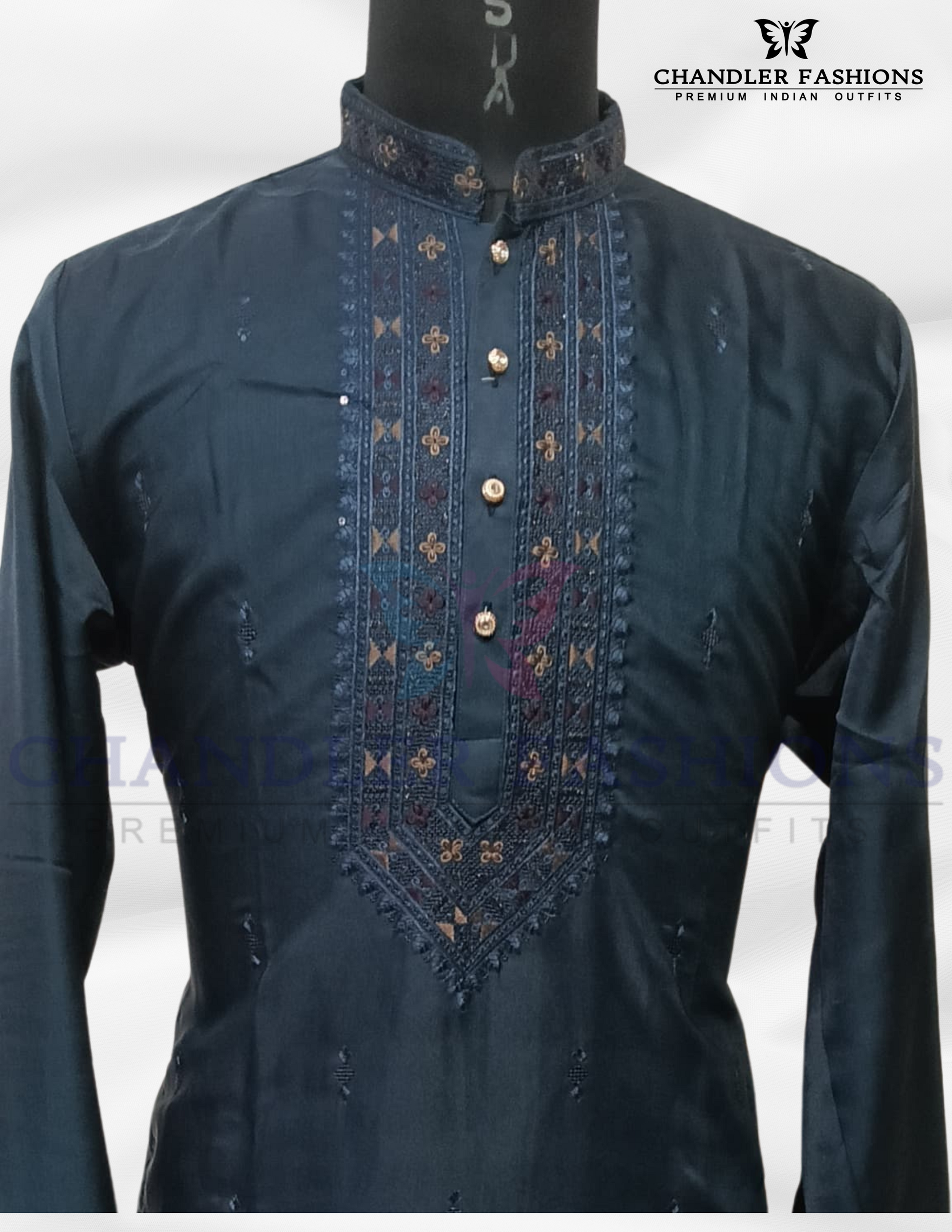 Attractive Dark Blue Color Satin Silk Kurta With Pajama Near Me