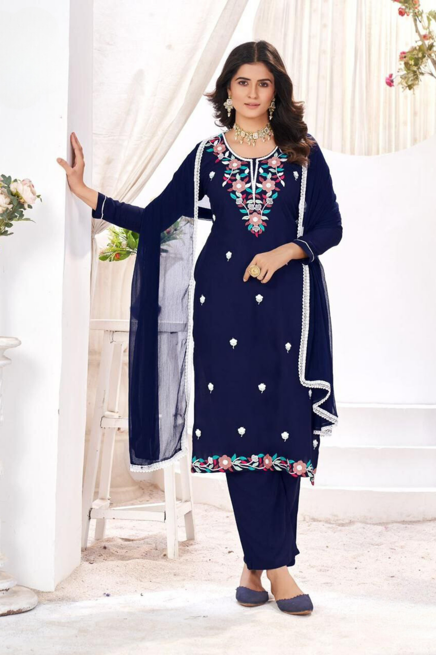 Charming Blue Colored Embroidery Work Salwar Suits With Dupatta For Women