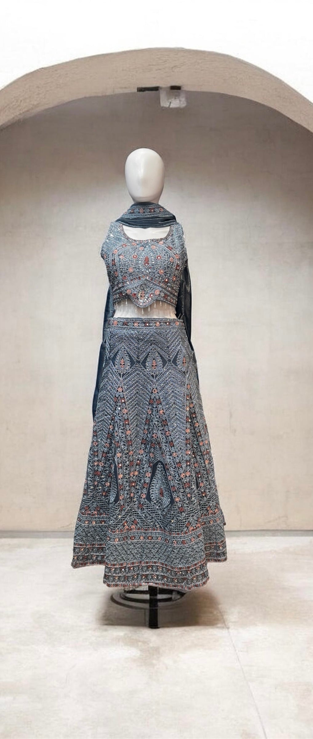 Elegant Gray Color Net With Embroidery And Sequins Work Lehenga Choli For Women