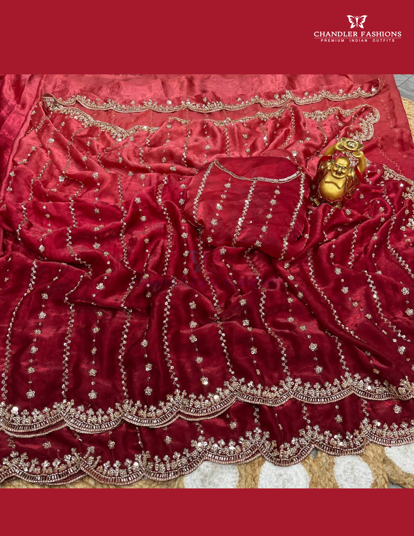 Charming Red Color Space Silk Sequins Work With Beads Saree For Women