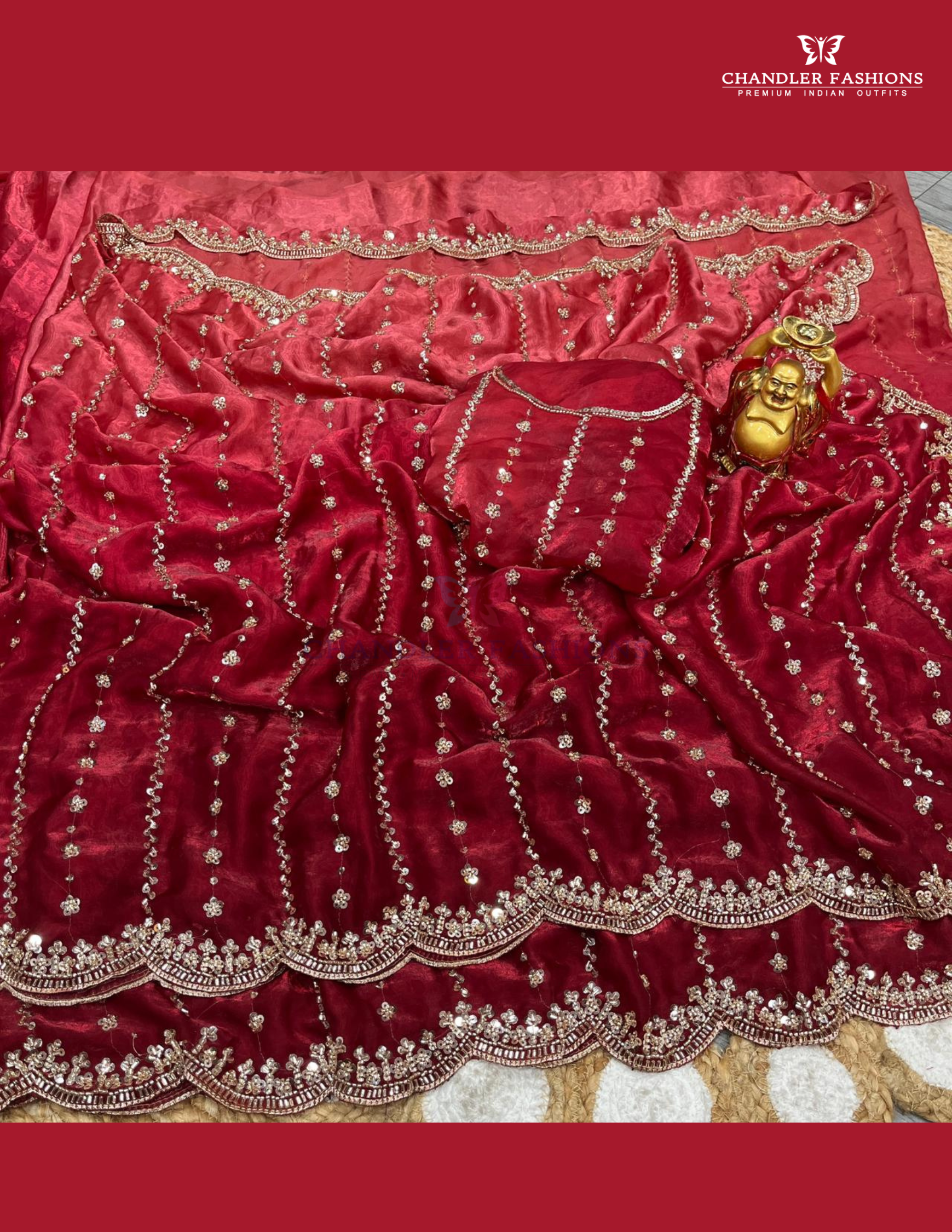 Charming Red Color Space Silk Sequins Work With Beads Saree For Women