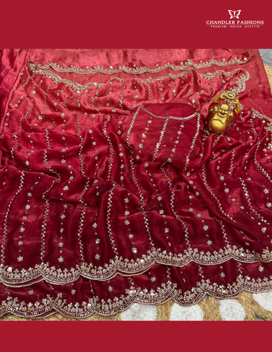 Charming Red Color Space Silk Sequins Work With Beads Saree For Women