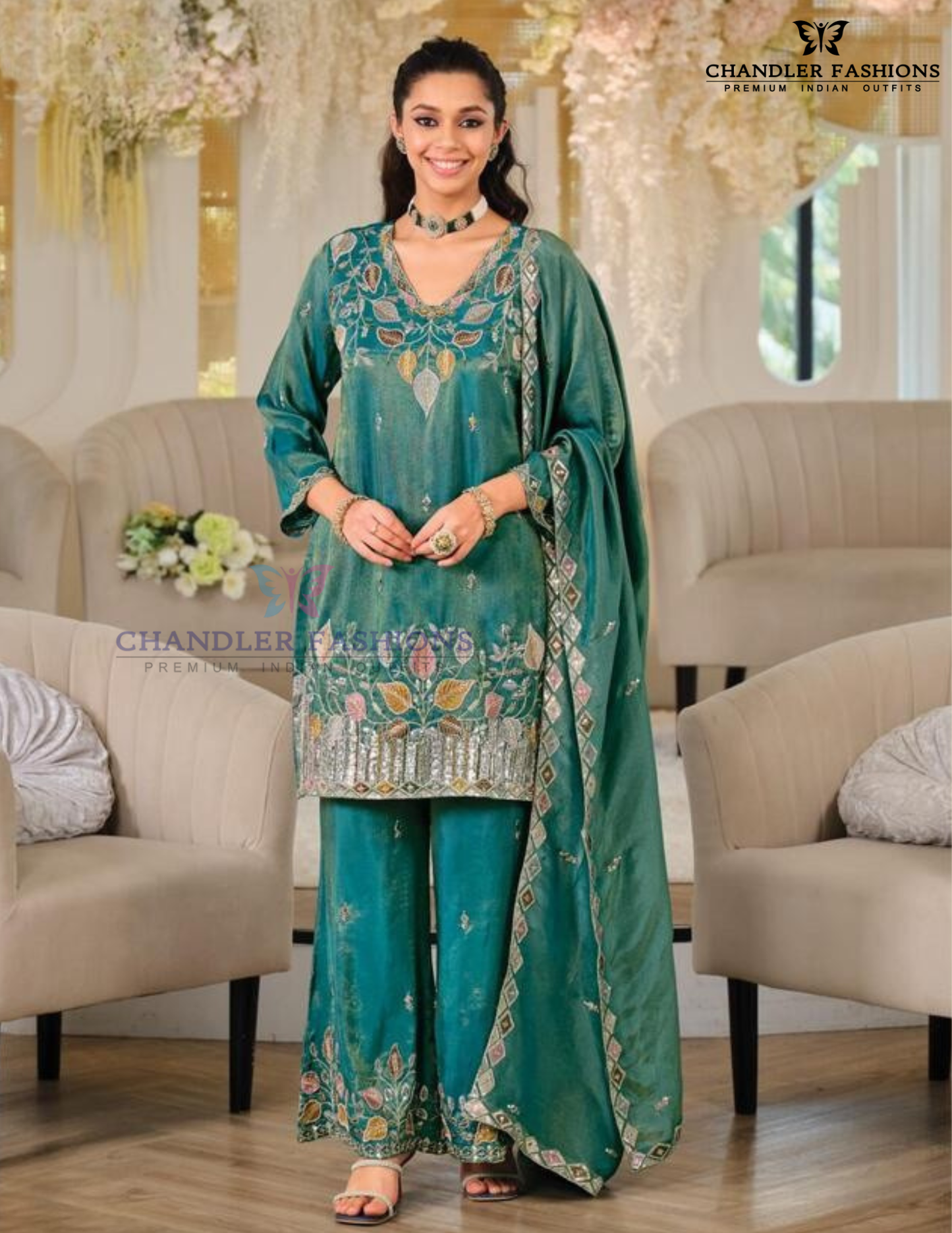 Gorgeous Teal Green Color Shimmer With Embroidery Work Palazzo Suits For Women
