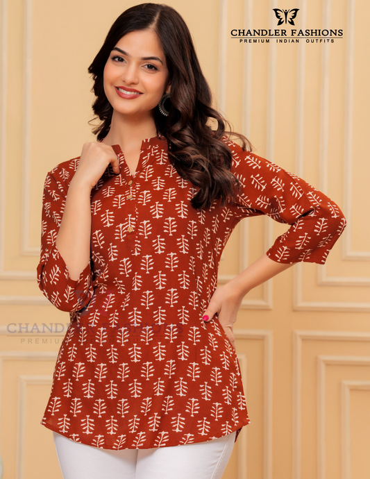 Charming Brown Color Cotton With Printed Work Short Kurti For Women