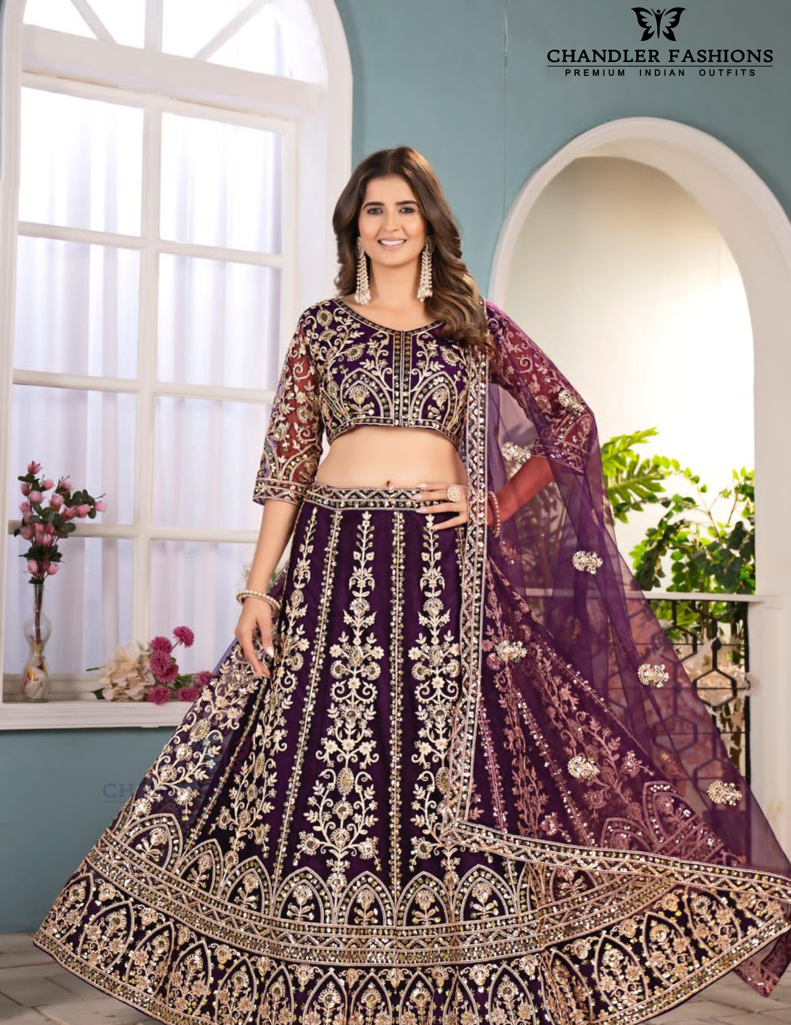 Pleasing Purple Color Butterfly Net With Embroidery And Sequins Work Lehenga For Women