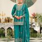 Pretty Teal Blue Color Chinon With Embroidery Work Palazzo Suits And Dupatta