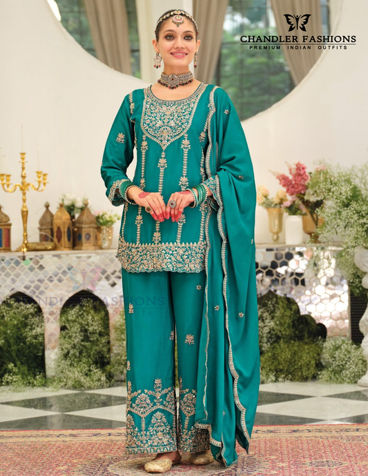 Pretty Teal Blue Color Chinon With Embroidery Work Palazzo Suits And Dupatta