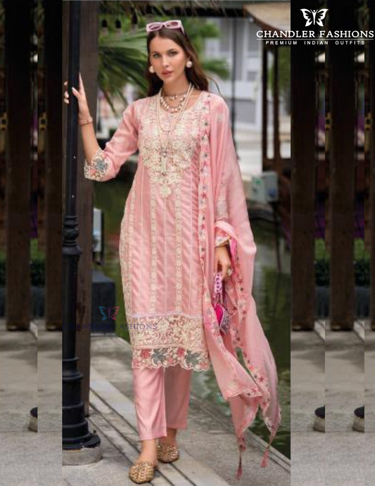 Alluring Peach Color Organza With Embroidery Work Salwar Suits With Dupatta For Women