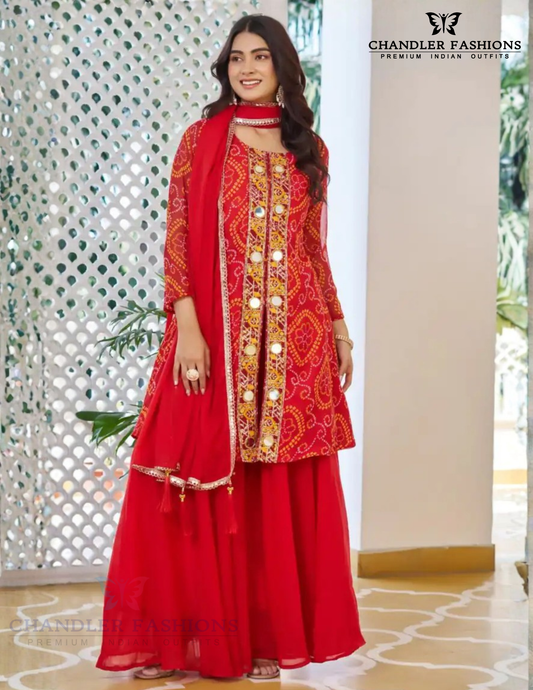 Stunning Red Color Georgette With Bandhej Print And Embroidery Palazzo Suits