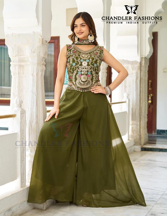 Charming Mehendi Green Color Star Georgette With Sequins And Thread Embroidery Work Palazzo Suits