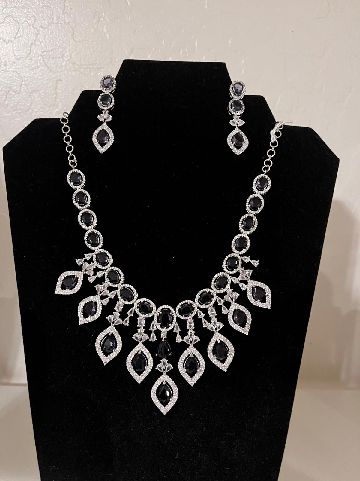 Charming Black Color Stone Design American Diamond Necklace With Earrings Sets