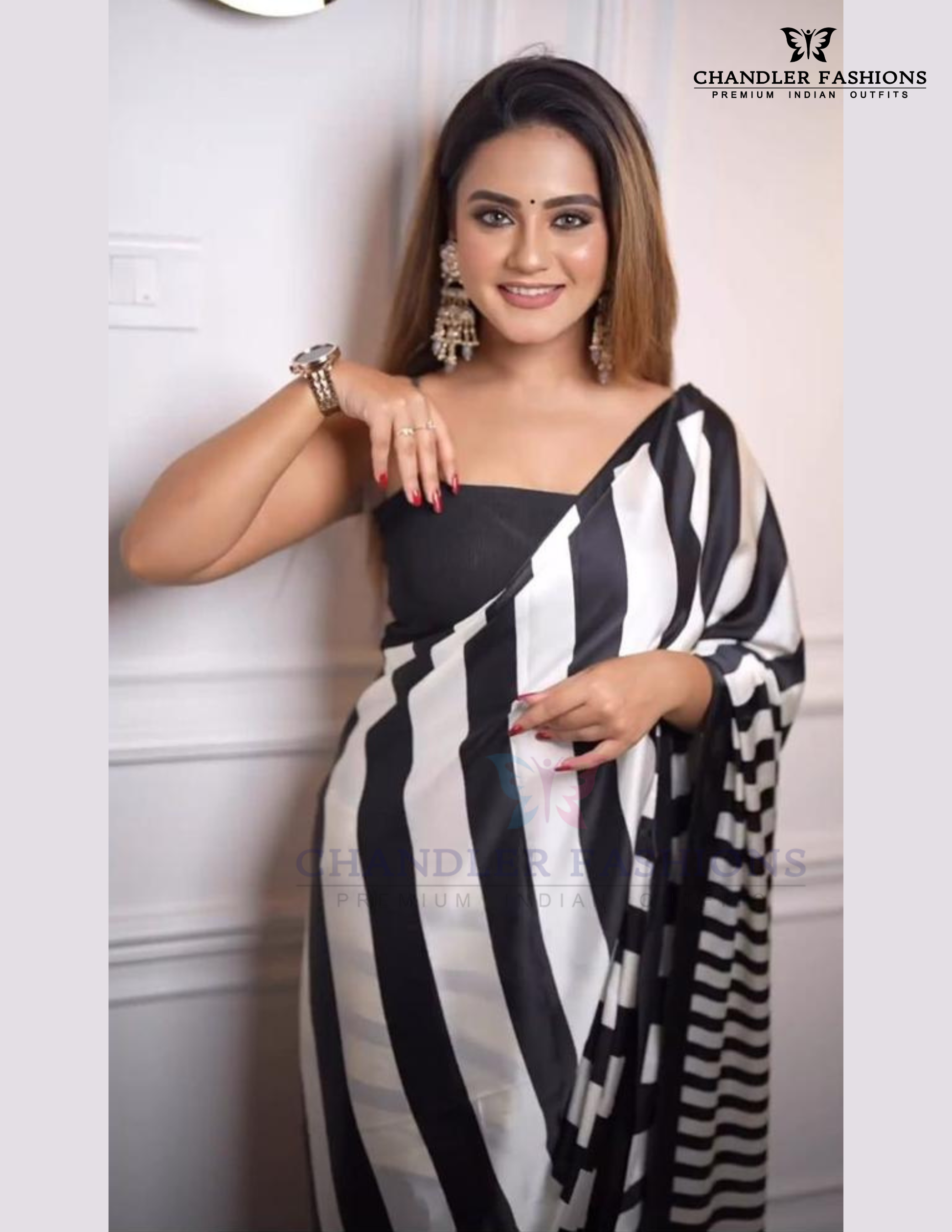 Wonderful White And Black Color Japan Satin With Printed Work Saree