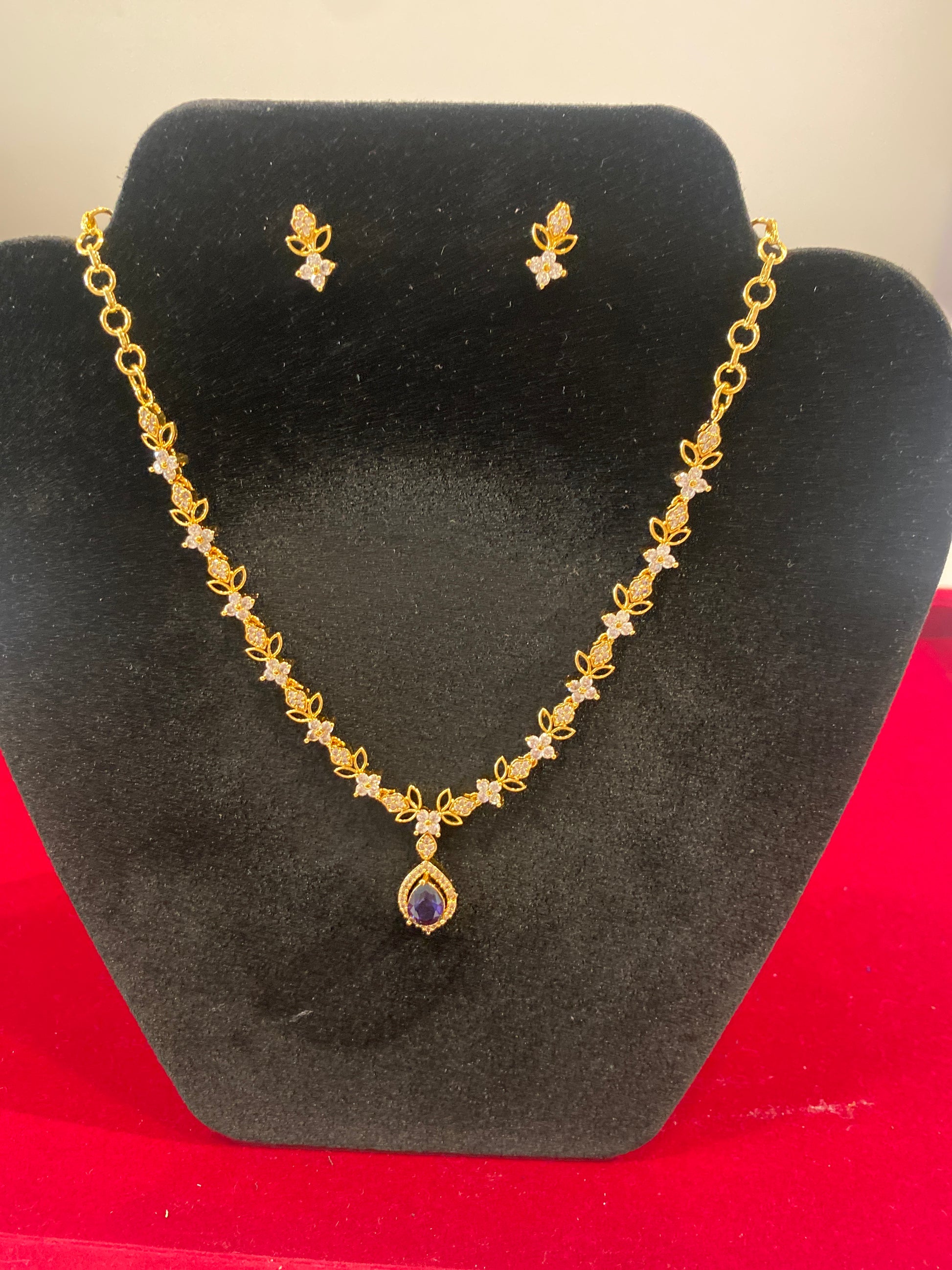 Stunning White And Purple Stones Gold Plated Necklace With Earrings