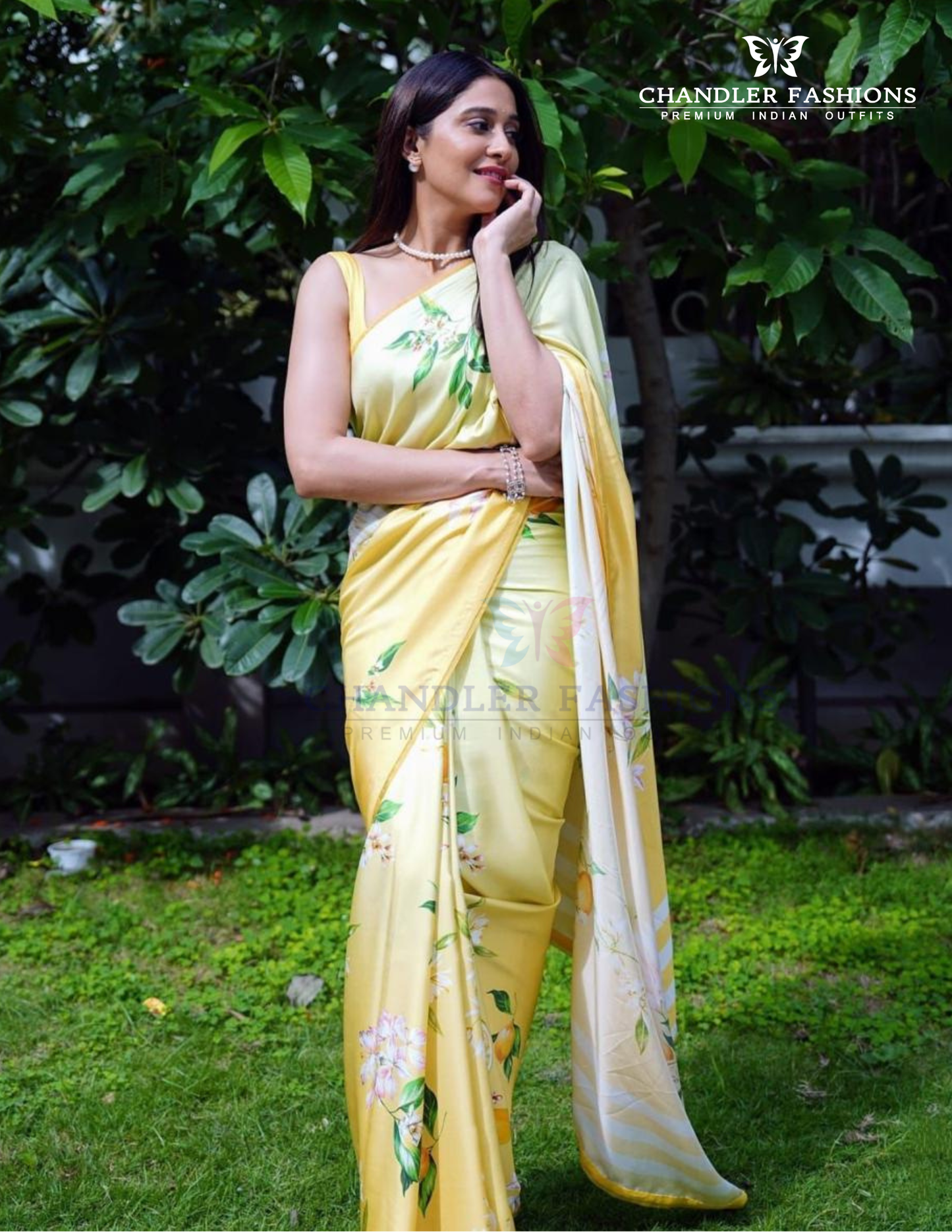 Wonderful Yellow Color Japan Satin With Printed Work Saree For Women