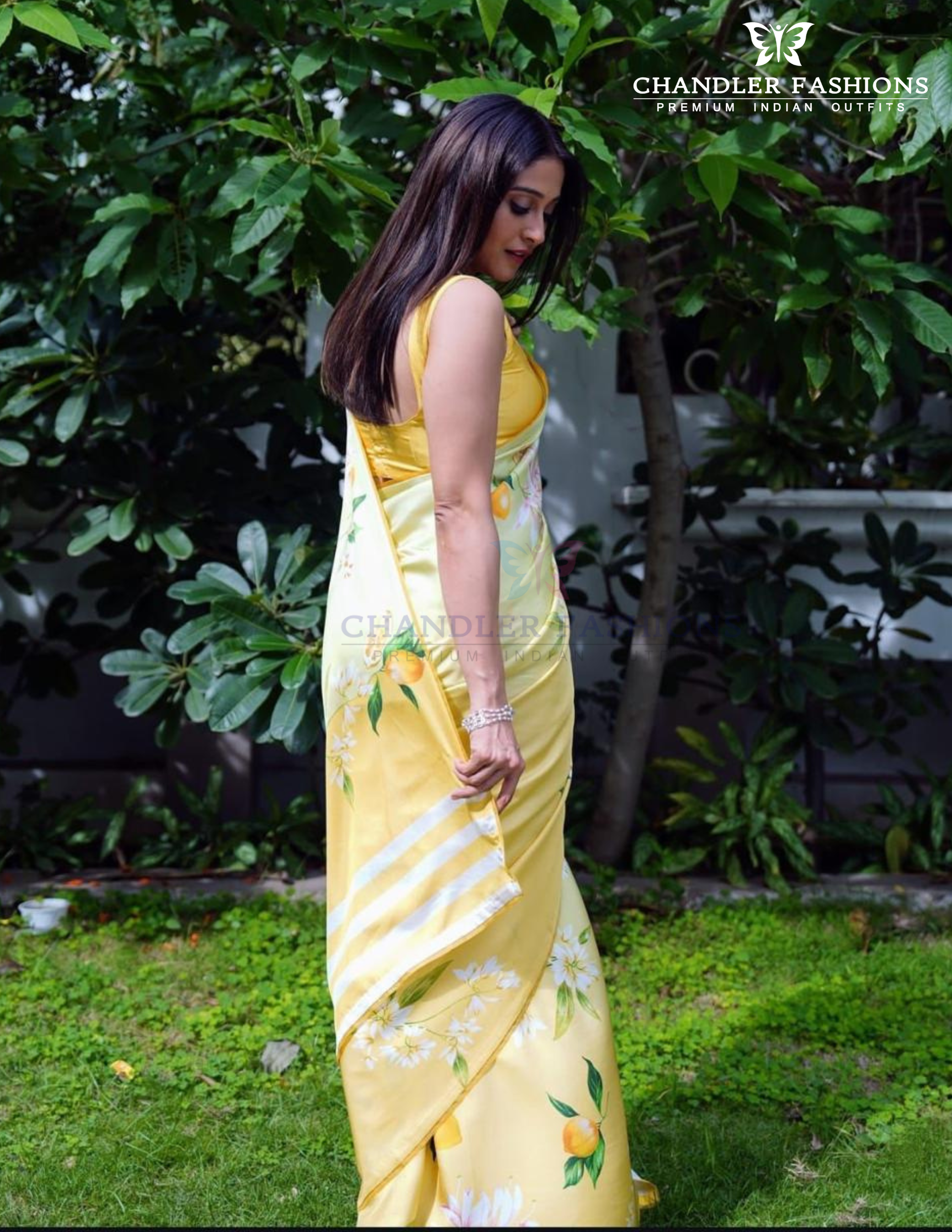 Yellow Color Japan Satin With Printed Work Saree Near Me