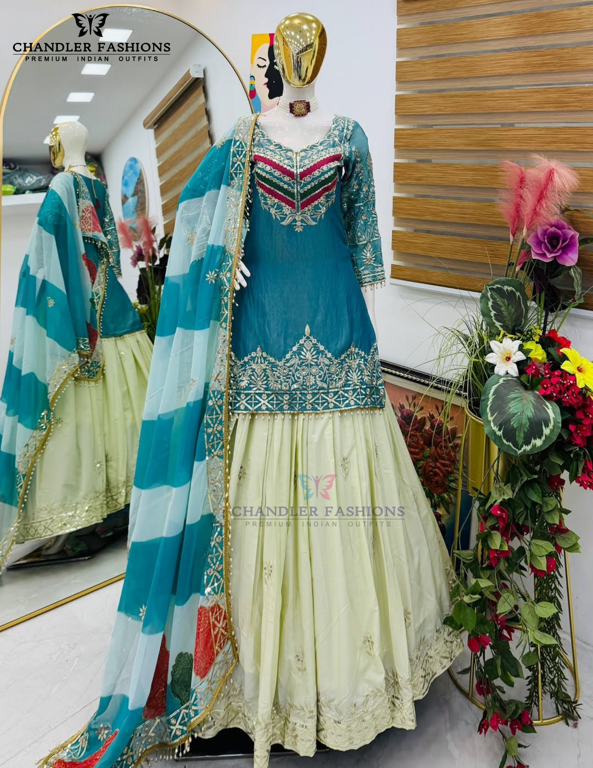 Teal Blue Color Fendy Silk With Embroidery  Work Sharara Suit In Mesa