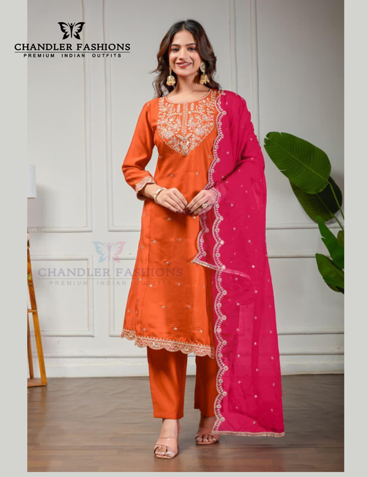 Attractive Orange Color Roman Silk With Embroidery Work Salwar Suits For Women