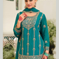 Teal Blue Color Chinon With Embroidery Work Palazzo Suits In USA