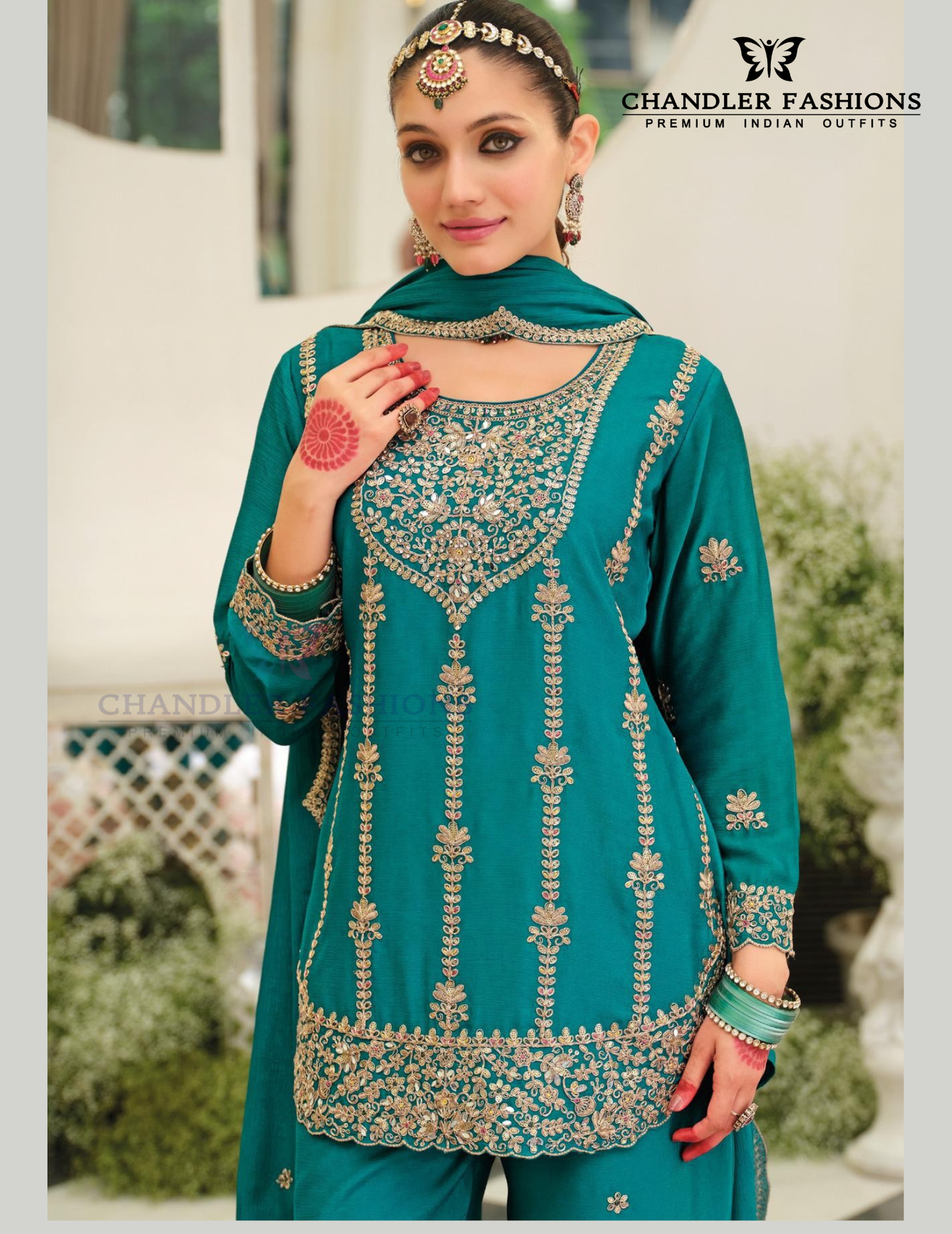 Teal Blue Color Chinon With Embroidery Work Palazzo Suits In USA