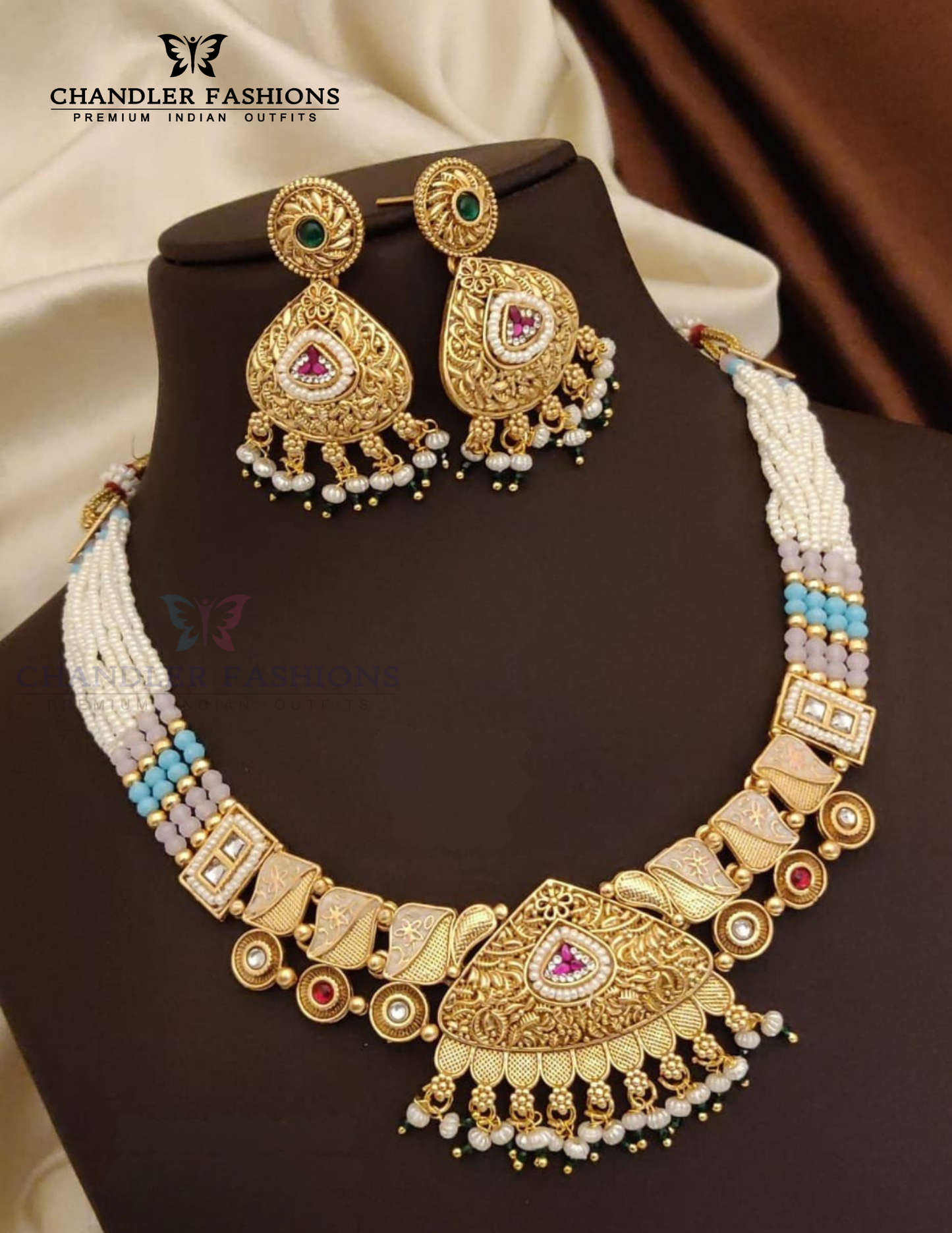 Amazing Antique Gold MultiColor Stone And Pearl Design Necklace With Earrings For Women