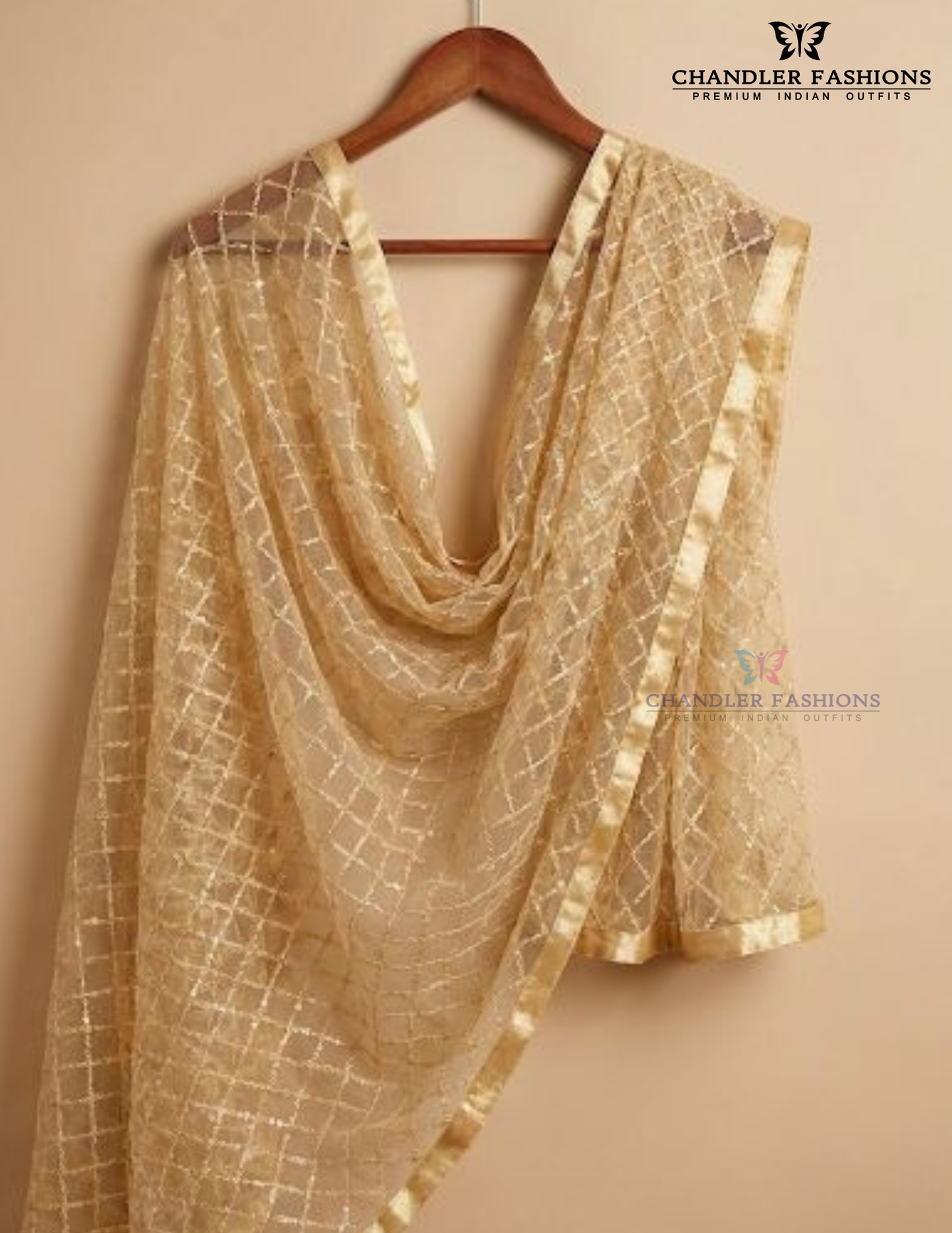 Pretty Gold Color Net With Embroidery Work Dupatta For Women