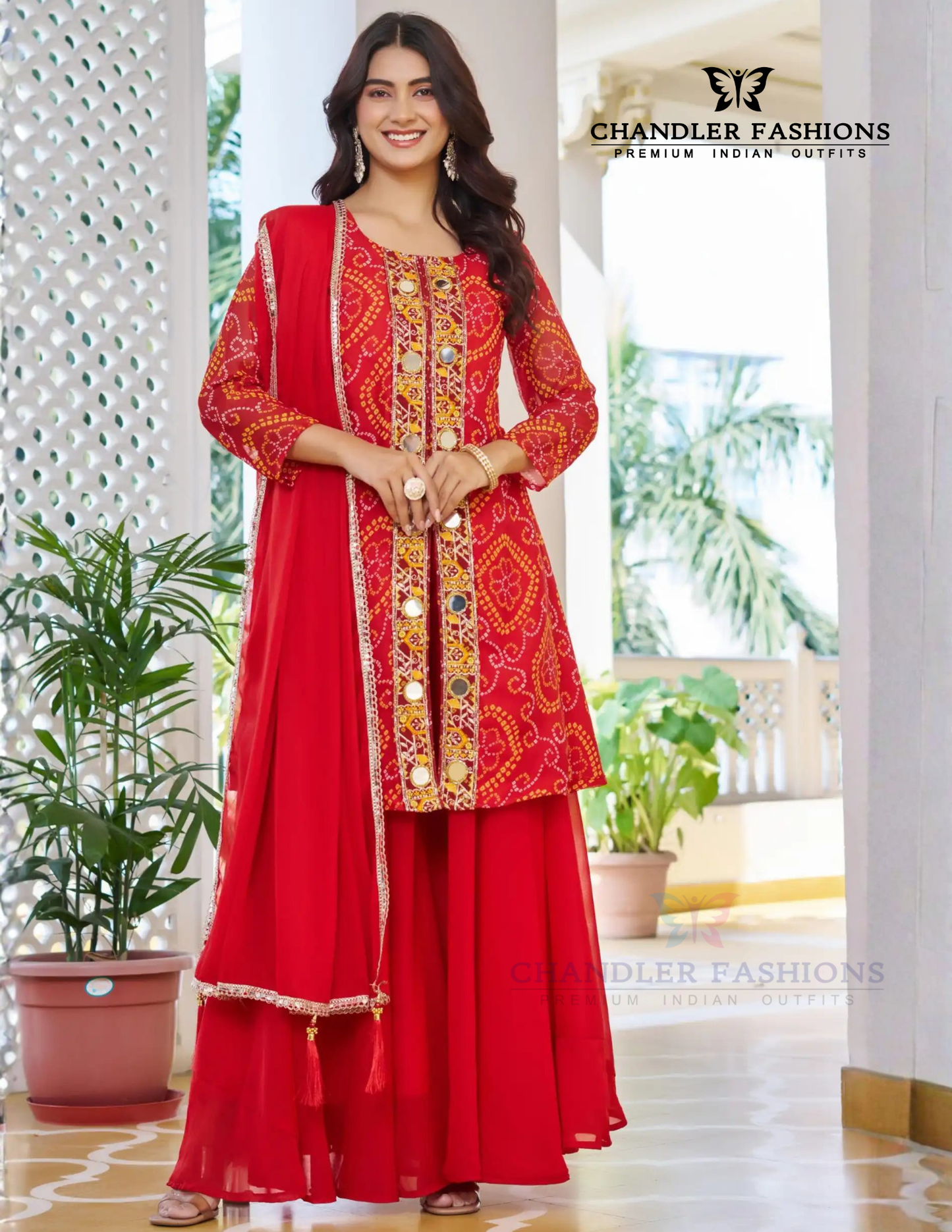 Red Color Georgette With Bandhej Print Palazzo Suits Near Me